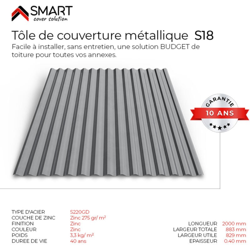 Tôle bac acier - Toiture - Couverture - plaque S18 Galvanisé Dimensions 2000x883x0.40mm Zinc 275 gr S220GD