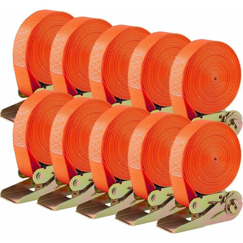 10 pcs 400 kg Sangle à Cliquet, Sangle d'Arrimage avec Tendeur, Sangle de Serrage en Polyester, Certifié ce, Longueur 6 m, Largueur 25 mm (Orange)