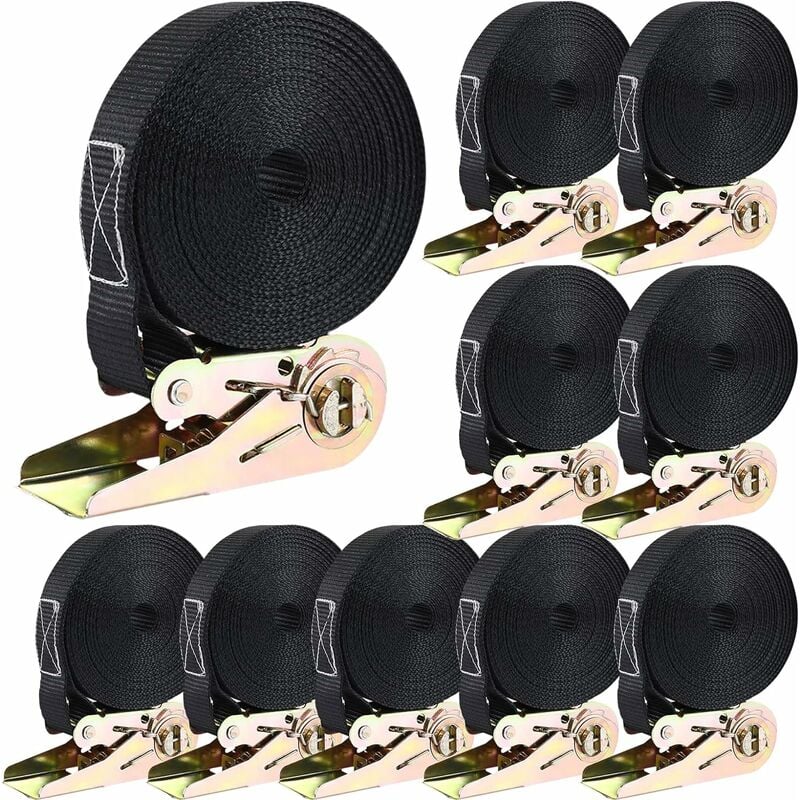 10 pcs 800 kg Sangle à Cliquet, Sangle d'Arrimage avec Tendeur, Sangle de Serrage en Polyester, 6m x 25mm, pour Moto, Cargaison, Remorque, Camions,