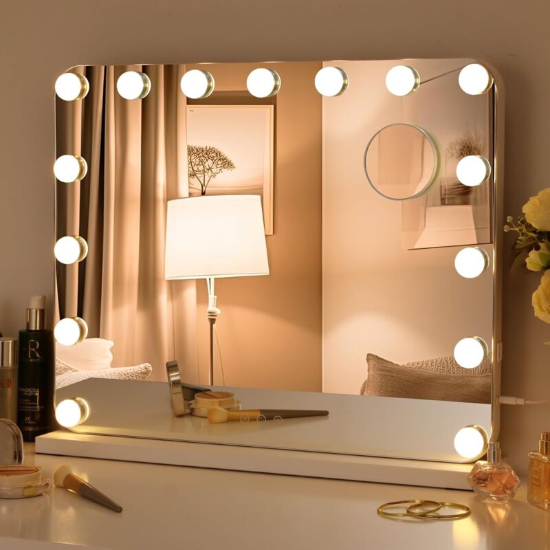 TLGREEN 58 x46cm Hollywood Miroir de maquillage avec éclairage, 15 LED, 3 couleurs de lumière, luminosité réglable, avec USB et loupe amovible,