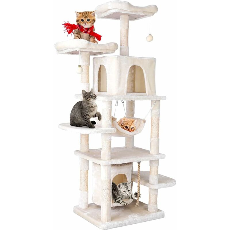 Arbre à Chat Grand 170 cm, Arbre à Chat xxl, avec Hamac, Arbre à Chat avec Arbre Grimpant en Peluche Douce, Plates-Formes d'observation, Beige