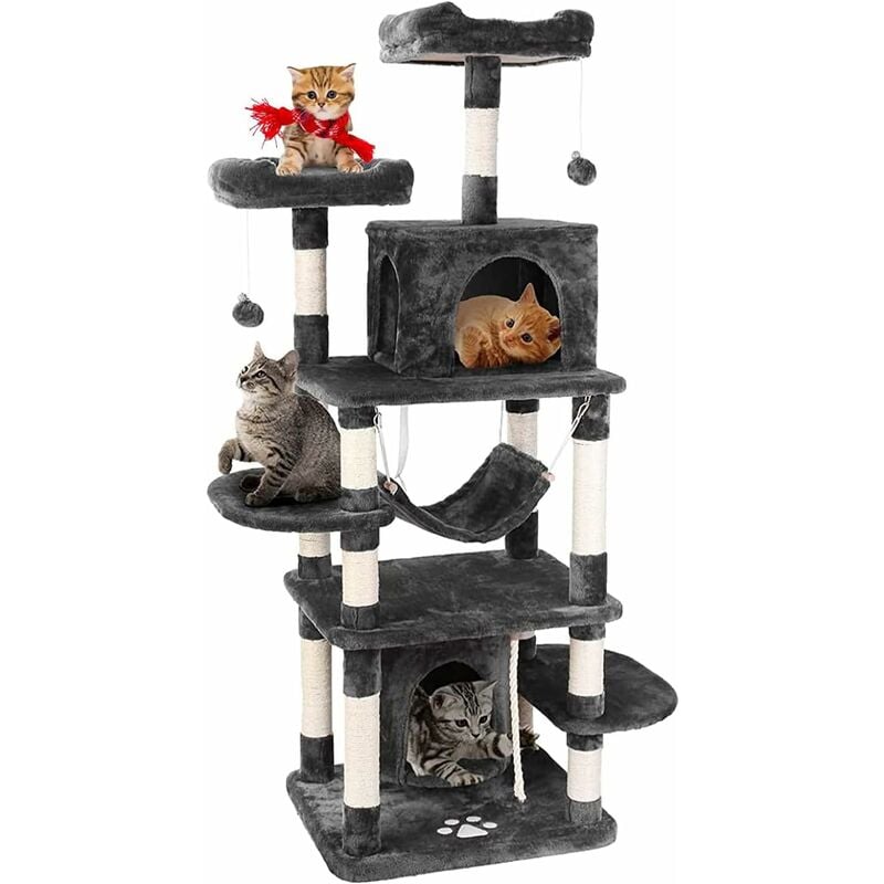 Arbre à Chat Grand 170 cm, Arbre à Chat xxl, avec Hamac, Arbre à Chat avec Arbre Grimpant en Peluche Douce, Plates-Formes d'observation, Gris Foncé