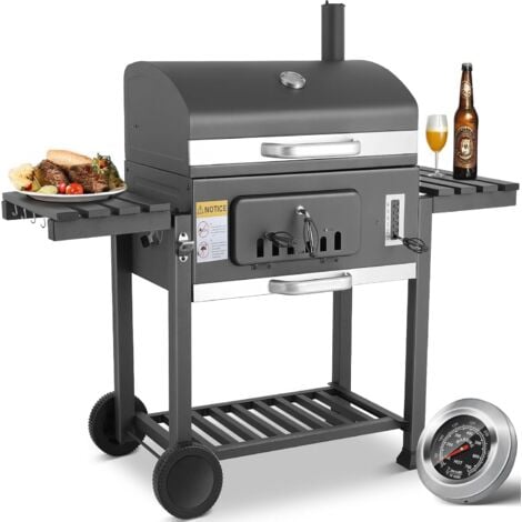 TLGREEN Barbecue au Charbon de Bois, Grill à Charbon avec Couvercle, Barbecue Charbon de Bois Grande Taille avec Cheminée, Barbecue Charbon sur Pied, à Roulettes, en Acier Inoxydable, 152x136x60cm