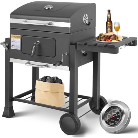 Tlgreen – Barbecue charbon de bois XXL avec couvercle – Étagère latérale pliable – Thermomètre intégré – Évents réglables – 116,3 x 105,5 x 55,7 cm