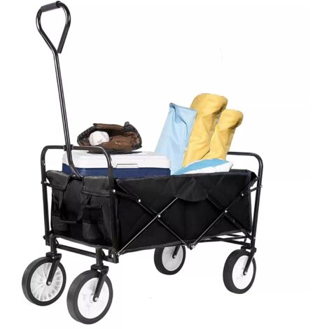 TLGREEN Bollerwagen Transportwagen Faltbar Handwagen mit Seitentasche, Gartenwagen mit 80kg Tragkraft, Outdoor Camping Einkaufen für jedes Gelände (Schwarz)