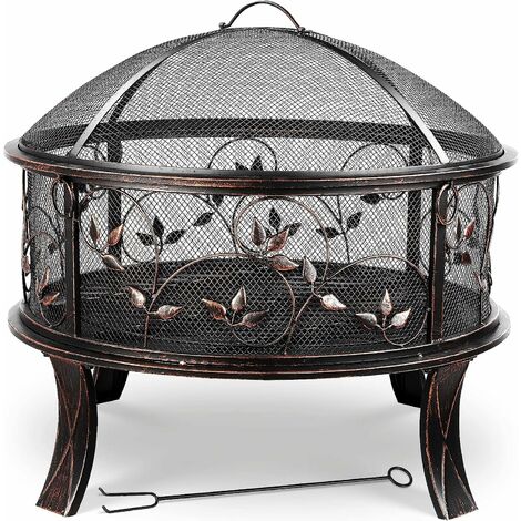 TLGREEN Brasero avec Protection Anti-étincelles, brasero de Jardin Ø 71 x 65 cm, Style rétro, avec Poker et Grille à Charbon, Chauffage en Hiver Stable, Motif Floral Herbe, pour Jardin, Camping, Plage