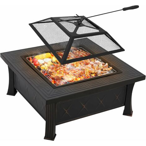 Tlgreen – Brasero extérieur 3 en 1 carré – Fer résistant à la chaleur jusqu'à 500 °C – Housse étanche – Grille et tisonnier inclus – 81 x 81 x 51 cm