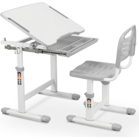 TLGREEN Bureau pour Enfants - Bureau et Chaise Réglable en Hauteur - Ensemble Table et Chaise Plateau Inscriptible Inclinable 0-40°, Tiroir Coulissant et Crochet en Métal -Gris