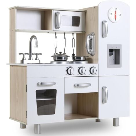 GOPLUS Cuisine Enfant 9-en-1 En Bois, Avec Micro-Ondes+Téléphone+Cuisinière Électronique, Jouet