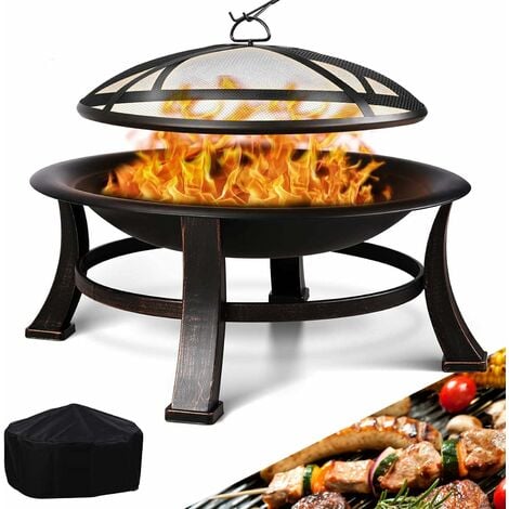 TLGREEN Feuerkorb mit funkenschutz, Φ76cm Feuerschale mit grillrost, Retro-Look Feuerstelle, Feuerschalen für den Garten, BBQ Feuerschale Grill, Stabil und Funktional, Schwarz, Groß