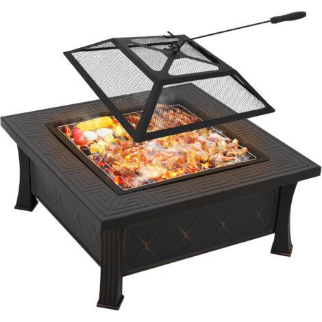 TLGREEN Feuerschale mit Grillrost und Funkenschutz, 3 in 1 Feuerstelle Outdoor Quadratisch mit Abdeckung, Feuerschalen für den Garten, BBQ, Camping, Feuerkorb für Terrasse Heizung, 81x81x51cm