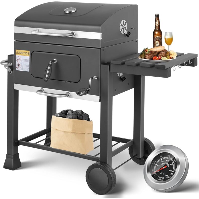 Tlgreen - Barbecue au Charbon de Bois, Grill xxl à Charbon avec Couvercle, Barbecue Charbon Bois Grande Taille avec Étagère Latérale, Thermomètre,