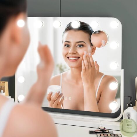 Tlgreen Hollywood Miroir de courtoisie avec éclairage, miroir de courtoisie rotatif avec lumière LED, 60 x 53 cm, grand miroir grossissant, 3 couleurs de lumière, contrôle tactile, pour coiffeuse