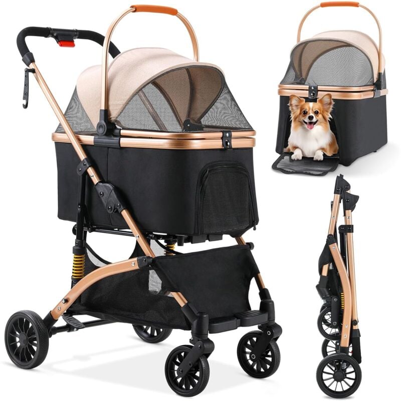 Poussette Chien 2-en-1, Poussette pour Chat Pliable, Panier de Rangement, Roues Résistant à l'Usure à 360°, Fenêtre en Filet, Porte-Gobelet, Buggy