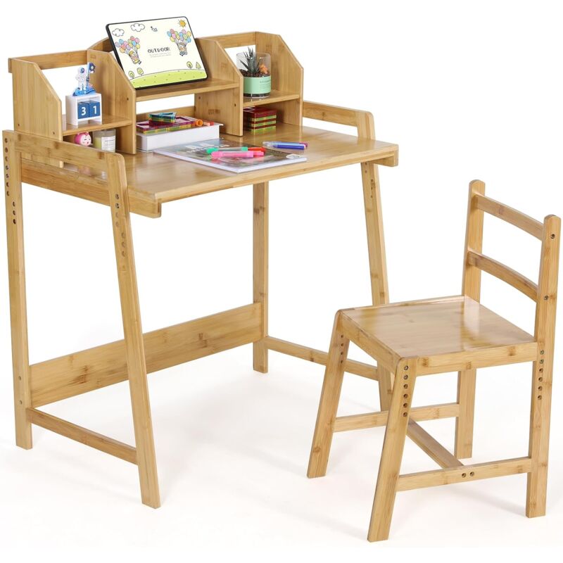 Bureau Enfant Garcon Fille en Bambou, Ensemble Bureau et Chaise Réglable, Bureau pour Enfants avec Support de Livre, Table Enfant avec Chaise pour