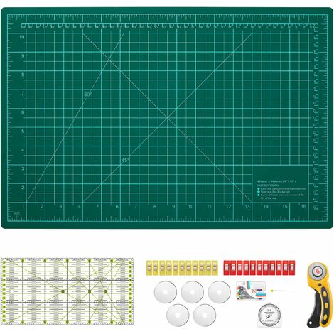 TLGREEN Kit de Découpe Rotatif, Kit de Cutter Rotatif, Tapis de Découpe A3, Ensemble D’outils avec Cutter Rotatif+Lame de Rechange+Tapis de Découpe+Règle+épingles+Pince Plastique, pour Artisanat, Cout