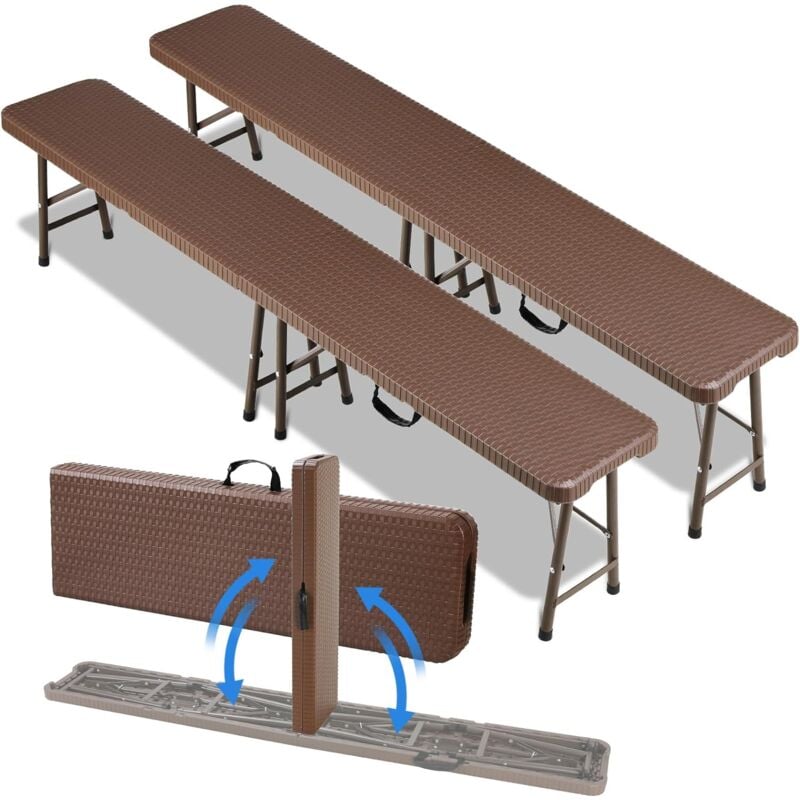 Lot de 2 Bancs Pliables Pliant 180 cm,Banc Pliant Camping,Banc de Jardin Avec poignée de transport,Banc Pliable Camping Structure en acier et plateau