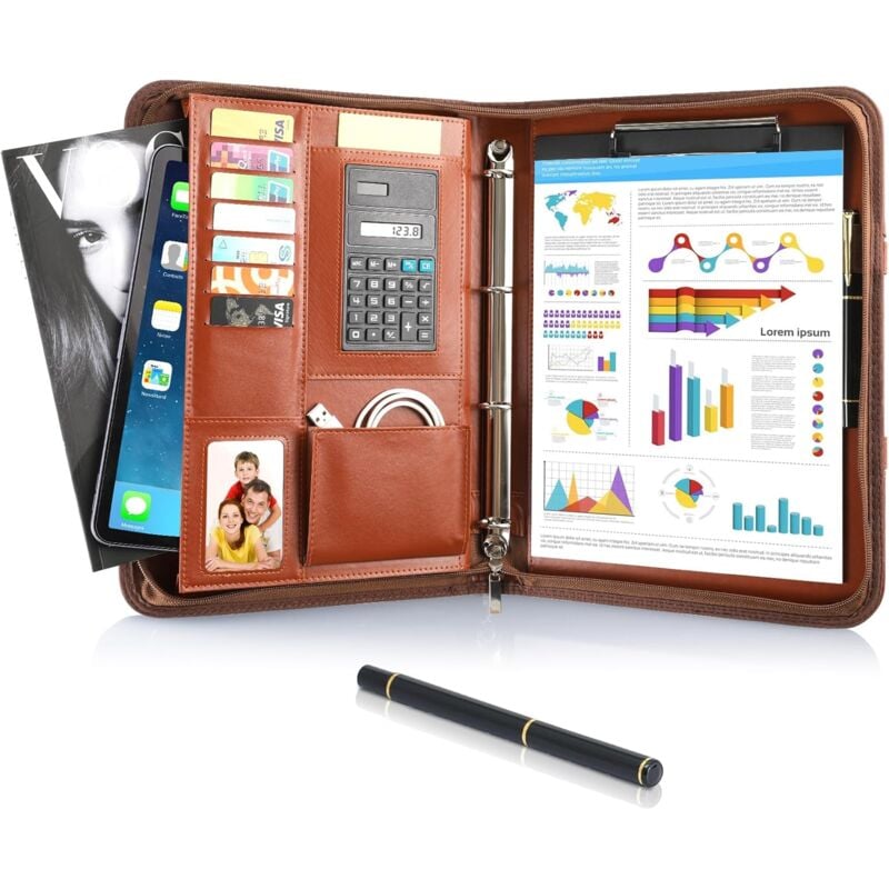 Porte Document A4 en cuir avec fermeture éclair étanche avec classeur à anneaux, bloc-notes, porte-documents, porte-documents, porte-documents pour