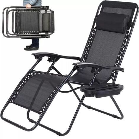 TLGREEN Relaxliege Liegestuhl Sonnenliege klappbar, inkl. Getränkehalter Kopfkissen Verstellbarer Rückenlehne und Armlehnen, ergonomische und atmungsaktive Gartenliege für Mittagspause