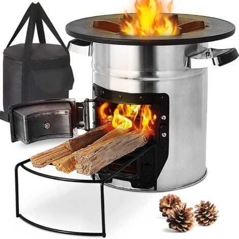 TLGREEN Rocket Wood Stove, Four à Fusée Ø3230 cm, Poêle à Bois en Acier Inoxydable, Double Porte, avec Sac de Transport, Support pour Bois de Chauffage - pour Camping/Barbecue/Ébullition d'Eau