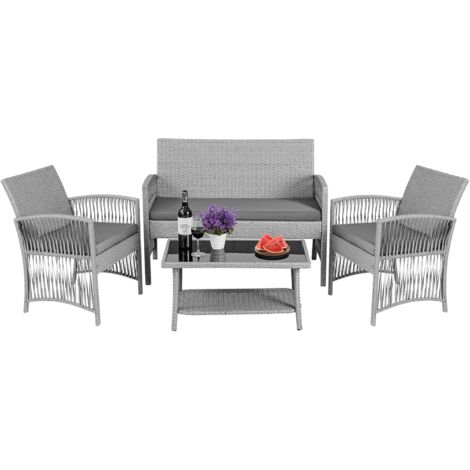 Tlgreen Rotin Salon de Jardin Exterieur,4 pièces,1 x canapé double + 2 x fauteuils simples + 1 x table basse + 3 x coussins d'assise, mobilier de balcon, adapté pour terrasse, extérieur, gris, confort