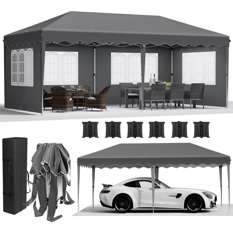 Tonnelle Pliante 3x6m, Tonnelle de Jardin Exterieur 420D Oxford, Imperméable Tente de Reception avec 4 Panneaux Latéraux, Protection uv 50+, Tonnelle