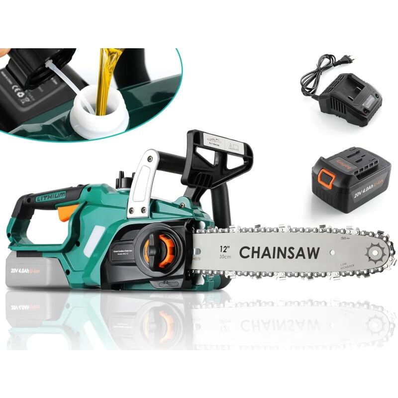 Tlgreen - Tronçonneuse Electrique avec Batterie Li-Ion 20 v, Tronçonneuse Sans Fil Électrique 4000mAh, Longueur de Coupe de 30,5 cm, Tronçonneuse