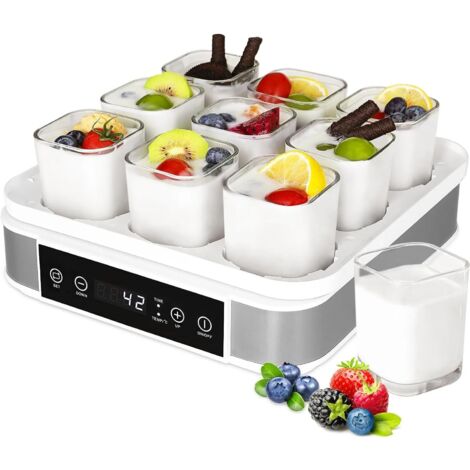 TLGREEN Yaourtière Électrique, Machine à Yaourt avec 9 Pots en Verre de 170ml, Yaourtière Pratique et Compacte, avec Minuterie, Thermostat Réglable et Écran LED, sans BPA, 40W