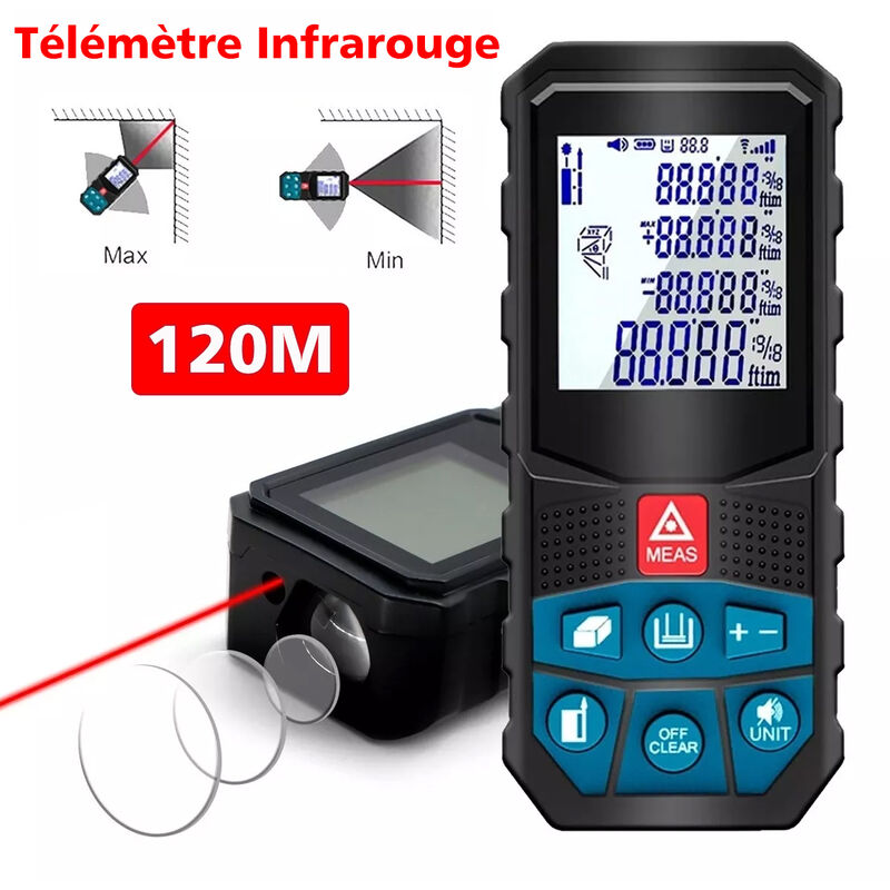 Télémètre laser numérique 120m livré Sdlogal Ecart 2mm, 20 Données, mesure de la Distance, écran lcd, étanche Ip54,Piles non incluses