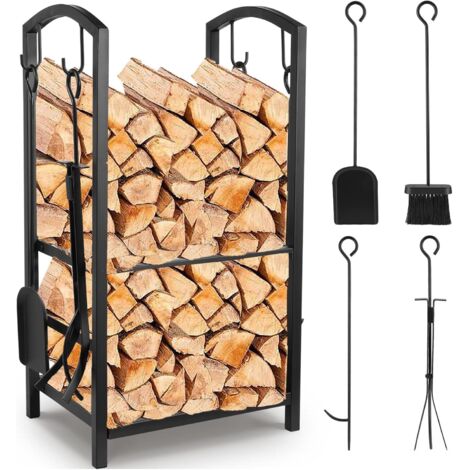 TLSUNNY Porte Bûches de Cheminée, Ensemble de Cheminée, Support à Bois de Chauffage, 75x40x30 cm (HxLxL), Stockage Bois Interieur avec Tisonnier, Balai, Pelle et Pince, Chargeable Jusqu'à 150 lbs