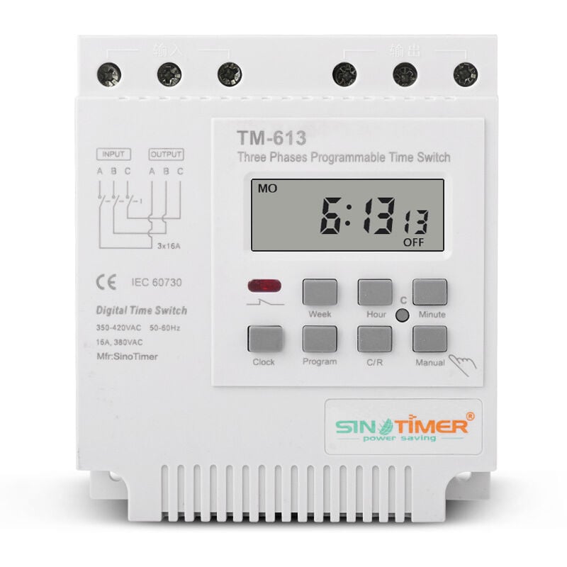 TM-613 Relais Temporisé Programmable 380V / 50-60Hz 16A Relais Hebdomadaire Commutateur de Minuterie de Puissance Interrupteur de Minuterie Triphasé
