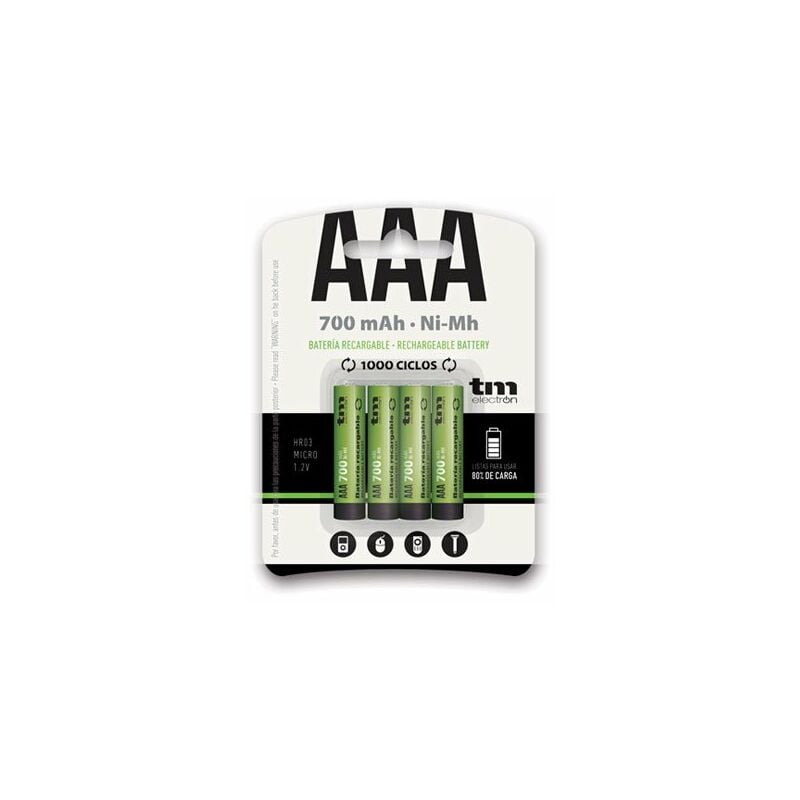 

TMVH-AAA700H4 pack de 4 baterías recargables, tipo pila AAA, 1,5V, 700 mAh de capacidad, composición de níquel-metalhidruro (Ni-MH), hasta 1000