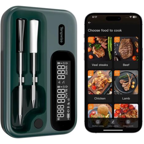 TNT-2BW BBQ-Küchenthermometer, 5G+2,4G WLAN, Bluetooth, IP67 wasserdicht, mit 2 Sonden zum Kochen und Grillen