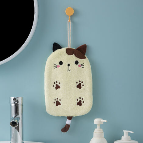 Toalla de mano superabsorbente de terciopelo coral para colgar, con bordado de gato, para decoración del hogar, doble uso, para baño (amarilla)