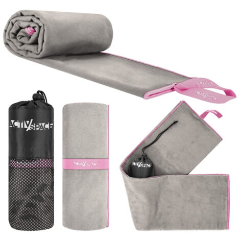Toalla de microfibra de secado rápido, 180 x 90 cm, color gris y rosa