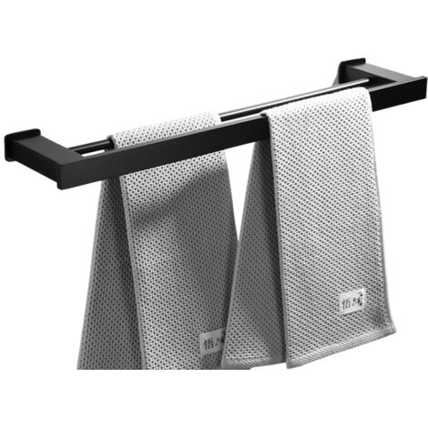 Toallero cuadrado de aluminio, de pared, con doble barra, negro, 50 cm (doble uso: sin taladrar y con taladrar).