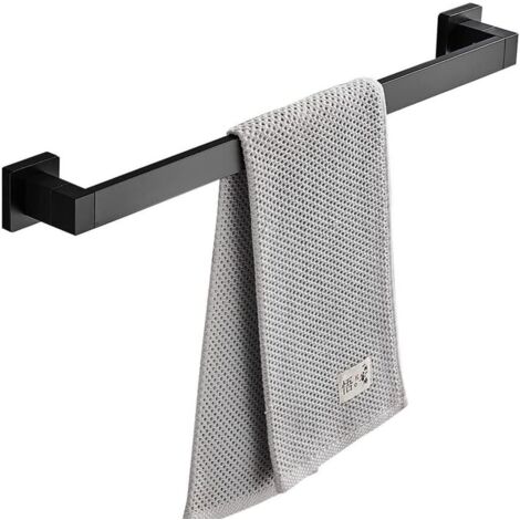 Toallero cuadrado de aluminio, de pared, con una sola barra, color negro, 60 cm (doble uso: sin taladrar y con taladrar).