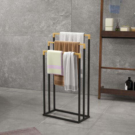 Toallero de acero y bambú toallero de tres barras perfecto para uso en el baño 45x22.5cm x 86cm color negro