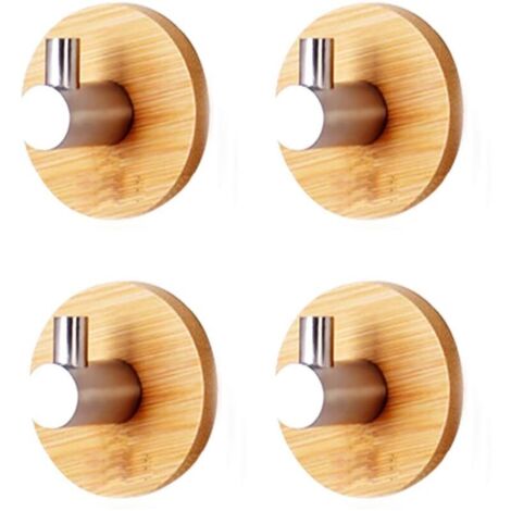 Toallero de bambú y acero inoxidable, gancho de madera autoadhesivo para baño, cocina, salón, oficina (juego de 4)
