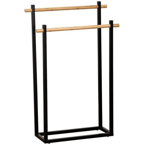 Toallero de metal con estructura rectangular y 2 barras de bambú - bambú negro - Tendance