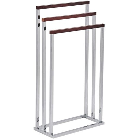Toallero de metal plateado madera oscura 3 rieles accesorio de pie moderno baño Charras