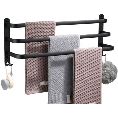 Toallero de pared con 2 ganchos, soporte para toallas para baño, hotel, cocina, negro, tres niveles, 30 cm