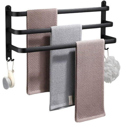 Toallero de pared para baño, metal, negro + ganchos, 40 cm