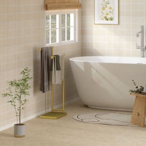 Toallero de Pie con 2 Barras y Marco Metálico Toallero de Baño Moderno en Forma de L 35,5x20x78 cm Dorado
