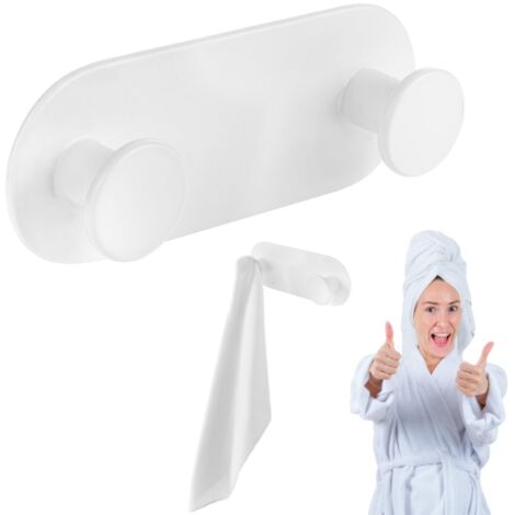 Toallero DOBLE, autoadhesivo, gancho de pared para atornillar, blanco