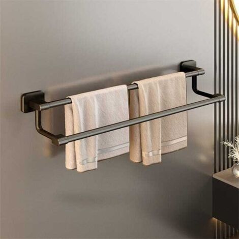 Toallero doble, negro, 50 cm, toallero de pared sin taladrar, estante de almacenamiento para baño, doble barra