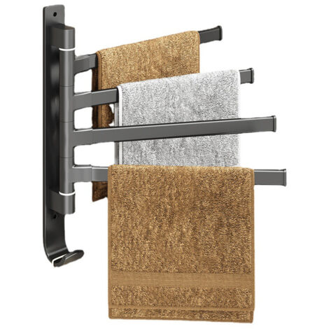 Toallero giratorio para baño sin perforaciones, de aluminio con gancho, toallero, barra para baño (4 varillas negras)