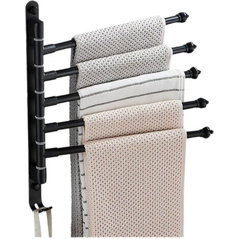 Toallero giratorio plegable con 5 barras y ganchos, fabricado en aluminio, de montaje en pared, para baño y cocina.