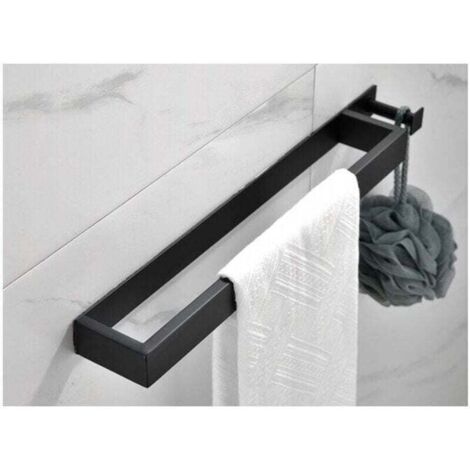 Toallero negro mate sin taladros - Barra de acero inoxidable 304 - Con gancho - Autoadhesivo de 40 cm - Para baño