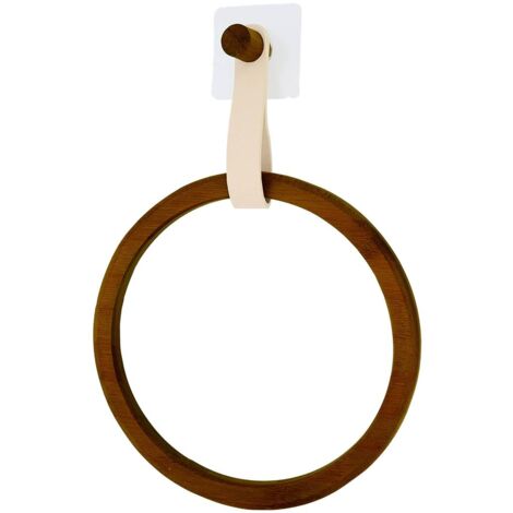 Toallero redondo de bambú + tira de imitación de cuero en la pegatina - aspecto acacia beige - Tendance